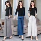Set: Striped Panel 3/4-sleeve T-shirt + Wide-leg Pants