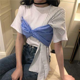 Mock Two-piece Short-sleeve Plaid Panel T-shirt