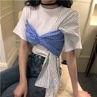 Mock Two-piece Short-sleeve Plaid Panel T-shirt