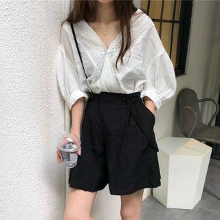 V-neck Lace Trim Blouse / Wide Leg Jumper Shorts