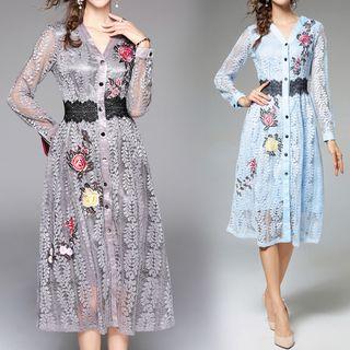 V-neck Embroidered Long-sleeve Lace Dress