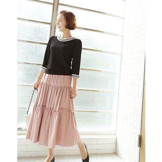 Band-waist Frill-tiered Long Skirt