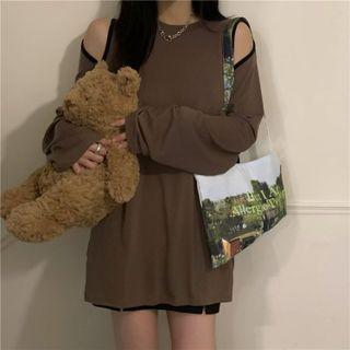 Cold-shoulder Plain Long T-shirt