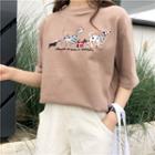 Elbow-sleeve Dog Embroidered T-shirt