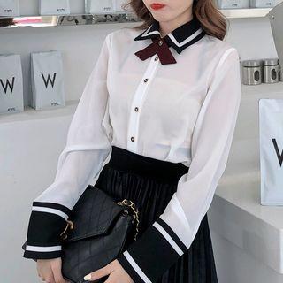 Long-sleeve Color Block Lace Blouse