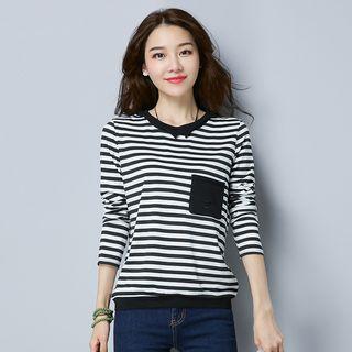 Long-sleeve Striped Pocketed T-shirt