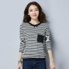 Long-sleeve Striped Pocketed T-shirt