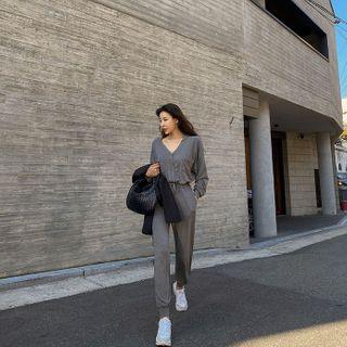 V-neck Shirtwaist Jogger Jumpsuit