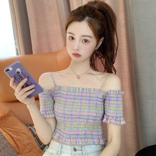 Short-sleeve Cold-shoulder Plaid Smocked Top Multicolor - One Size