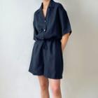 Elbow-sleeve Linen Wide-leg Romper