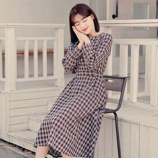 Round-neck Checked Midi Dress With Sash