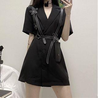 Notch Lapel A-line Dress / Flower Accent Belt