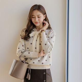 Beribboned Polka-dotted Knit Top