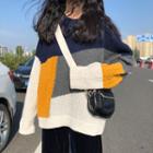 Color Block Cable-knit Long-sleeve Knit Top As Shown In Figure - One Size