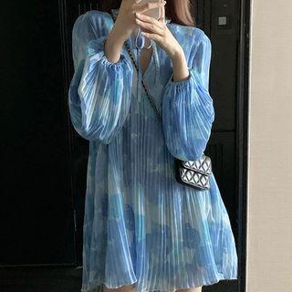 Long Sleeve Frilled Collar Printed Ruched Mini A-line Dress