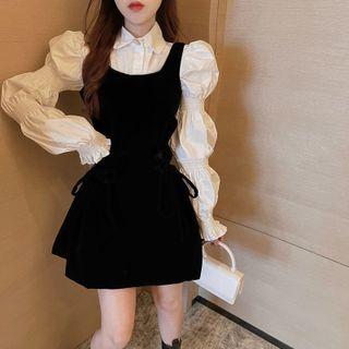 Puff-sleeve Shirt / Drawstring Overall Dress / Set