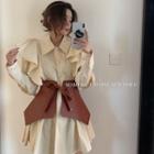 Ruffle Trim Long-sleeve Shirt Dress / Faux Leather Belt