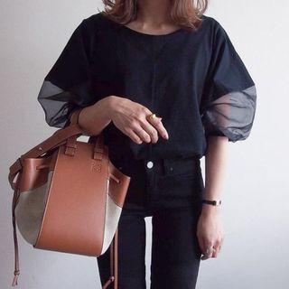 Puff-sleeve Mesh Panel T-shirt Black - One Size