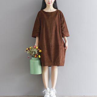 Plain 3/4-sleeve Corduroy Dress