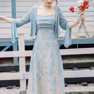 Spaghetti Strap Flower Print Maxi A-line Dress / Plain Cardigan / Set