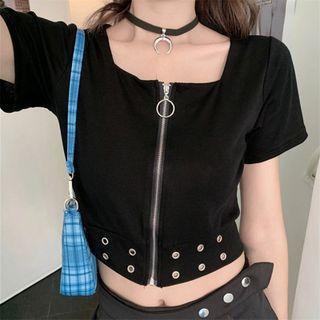 Short-sleeve Square-neck Zip-up Cropped T-shirt