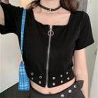 Short-sleeve Square-neck Zip-up Cropped T-shirt