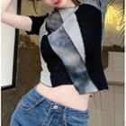 Short-sleeve Tie-dyed Paneled Crop T-shirt Black & Gray - One Size