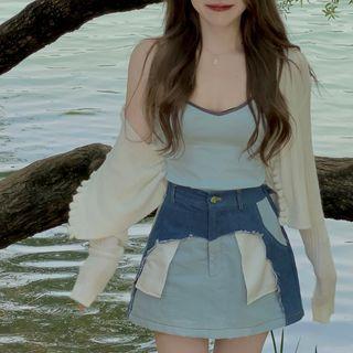 Plain Cardigan / Camisole Top / Denim Panel Mini A-line Skirt