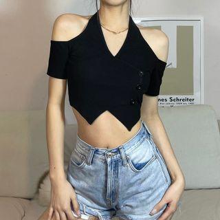 Short-sleeve Halter Off-shoulder Crop Top