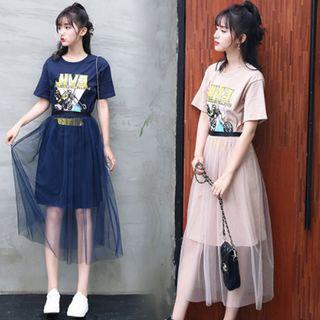 Set: Printed T-shirt Dress + Mesh Skirt