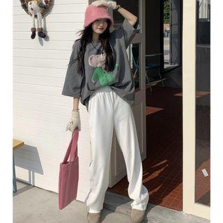 Elbow-sleeve Print T-shirt / High Waist Wide Leg Pants