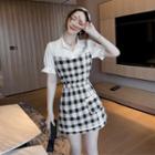 Set: Short-sleeve Plaid Panel Blouse + A-line Mini Skirt