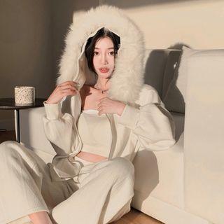 Fluffy Trim Hooded Zip-up Jacket / Bootcut Pants