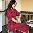 V-neck Tie Waist Short-sleeve Dress Wine Red - One Size