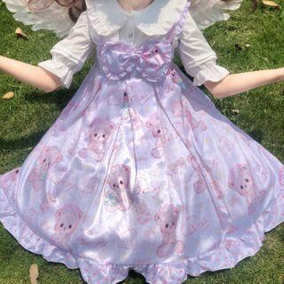 Balloon-sleeve Blouse / Bear Print Ruffled Pinafore Dress