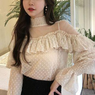 Mesh Panel Ruffle Long-sleeve Top