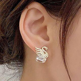 Rhinestone Swan Ear Stud 1 Pair - 925 Silver Needle - One Size