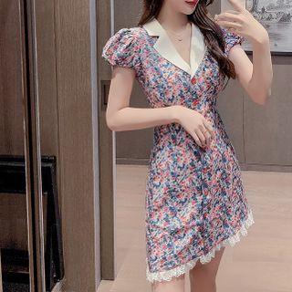 Puff-sleeve Floral Lace-trim A-line Dress