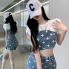 Mock Two-piece Short-sleeve Cross Print Denim Crop Top / Mini Skirt