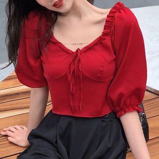 Elbow-sleeve Frill Trim Ribbon Top