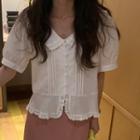 Short-sleeve Collared Lace Trim Blouse