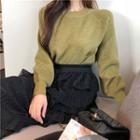 Plain / Leopard Print Midi Layered Skirt / Crew-neck Sweater