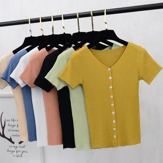 Buttoned Short-sleeve Rib Knit Top