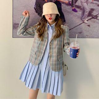 Plain Pleated Shirt Dress / Single-breasted Plaid Blazer