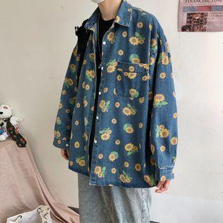 Long-sleeve Floral Denim Shirt