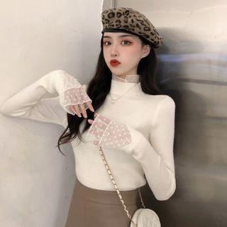 Mock Two-piece Long-sleeve Mesh Trim Knit Top