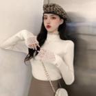 Mock Two-piece Long-sleeve Mesh Trim Knit Top
