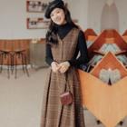 Turtleneck Sweater / Plaid Overall Midi A-line Dress / Set