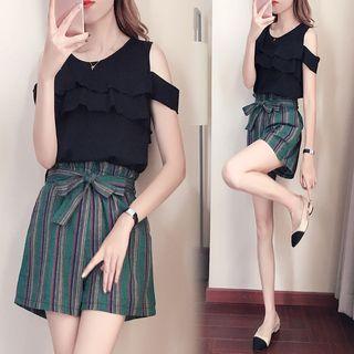 Set: Frill Trim Cut Out Shoulder Short Sleeve Top + Striped Shorts