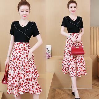 Set: Short-sleeve Top + Dotted Tiered Chiffon Skirt